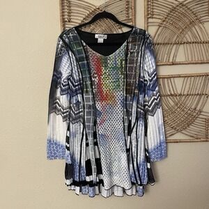 Vintage Anis A. Long Sleeve Mesh Tunic Y2K‎ 90s Colorful Funky Art to Wear L B34